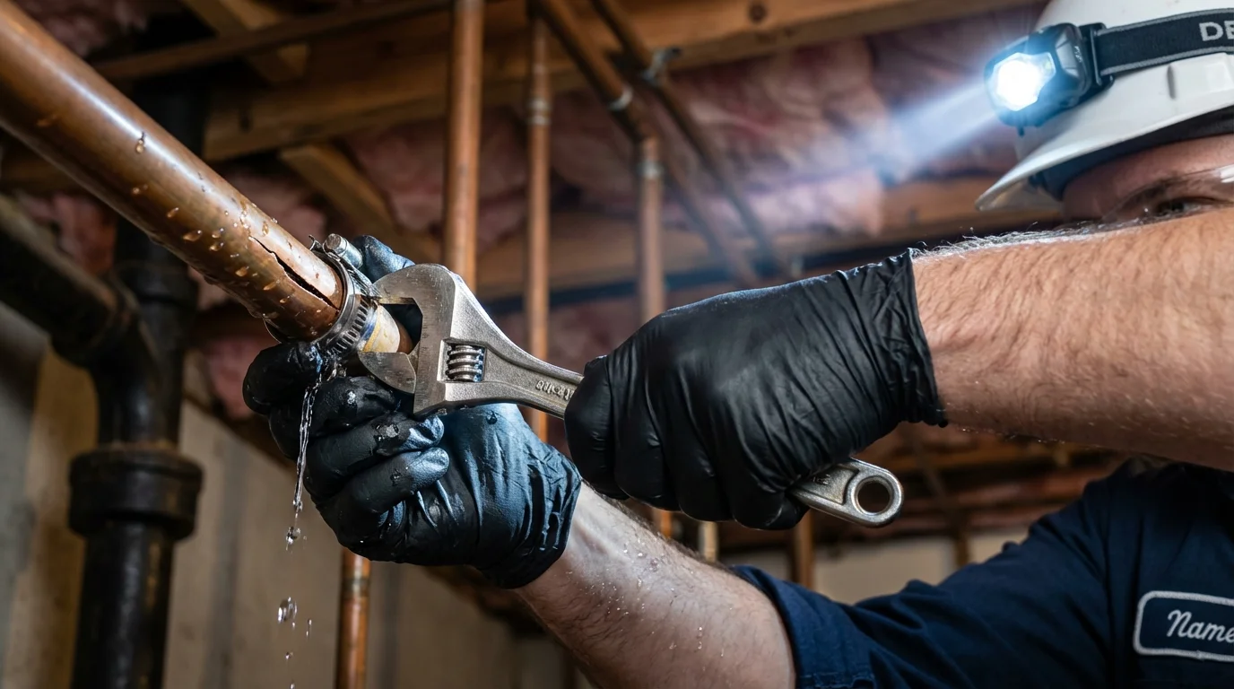 Emergency pipe clamp repair being performed by a Johns Plumbing LLC plumber in Hometown