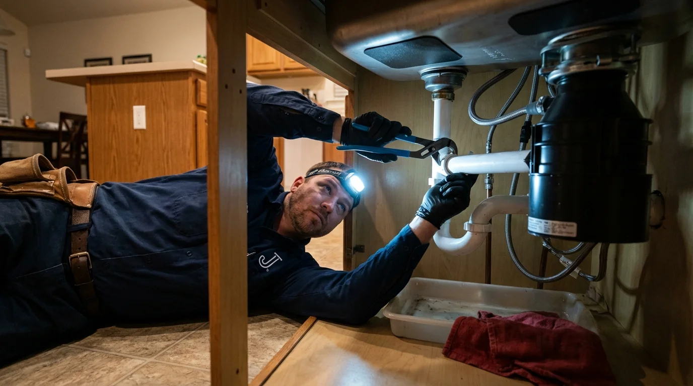 P-trap and supply line connections under a kitchen sink showing a common leak point in Hometown, IL
